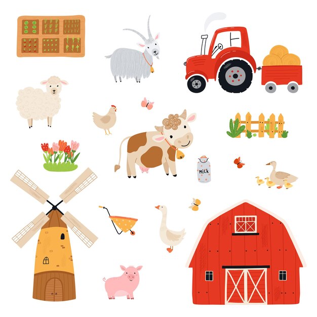 Vector set farm elements. collection farm animals in a flat style. illustration with pets cow, horse, pig, goose, rabbit, chicken, goat, sheep, barn, mill, tractor isolated on white background. vector