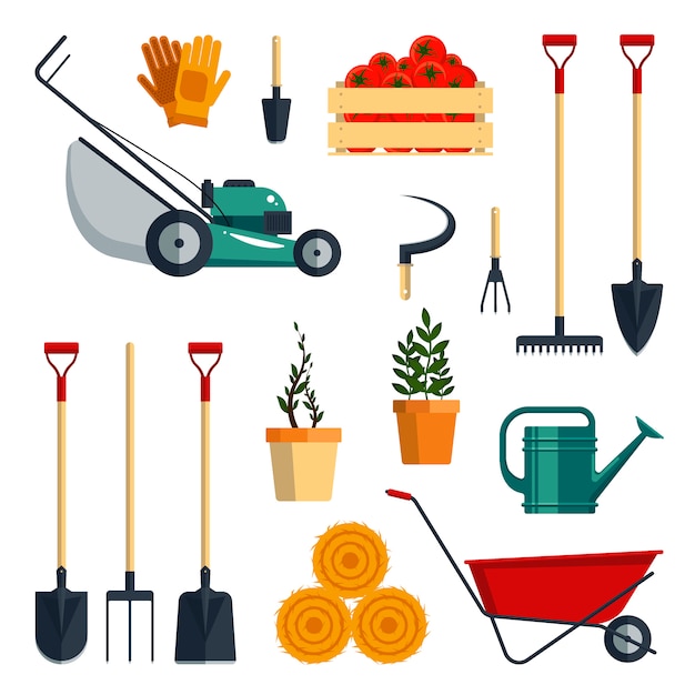 Set farm tools flat-  illustration. Garden instruments icon collection isolated on white background. Farming equipment.