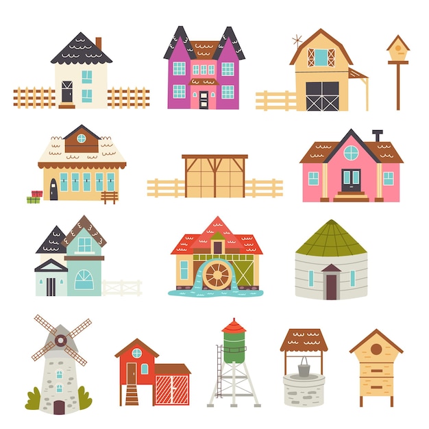 Set of farmhouse buildings. Cottages, railway station, barn, mill, elevator, chicken coop, water tower, well, apiary. Vector hand draw clipart