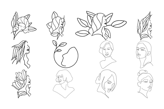 Vector set of fashion handdrawn abstract female faces line art drawing