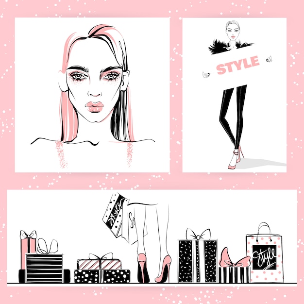 Set of Fashion illustration. Vector stylish girls.