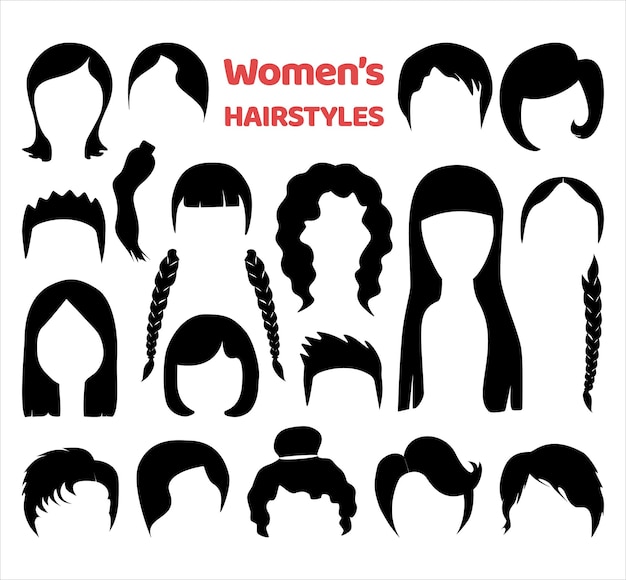 Set of fashionable haircuts and hairstyles for womens or girls Vector modern black hair silhouettes isolated on white