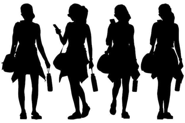 Set of the Fashionable Silhouette Girls with bag