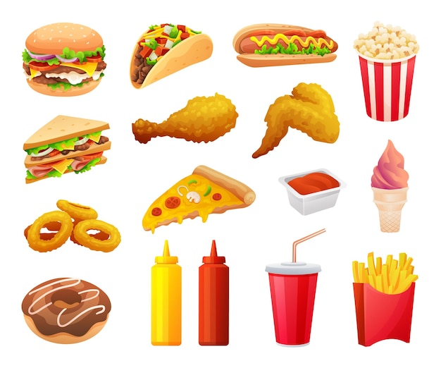 Set of fast food and beverage in cartoon style