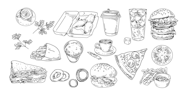 Set of fast food and drinks. Vector lineart