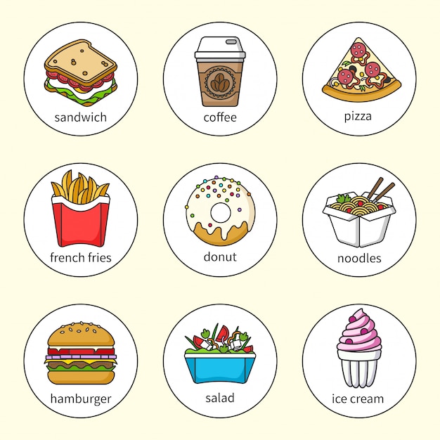 Set of fast food icons. Drinks, snacks and sweets. Colorful outlined icon collection. Sandwich, hamburger, pizza, donut, shake, salad, coffee, ice cream, noodles