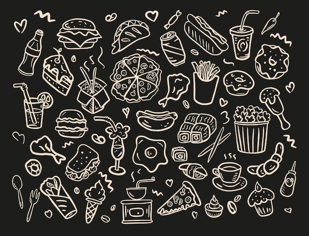 Set of fast food icons hand drawn in the doodle styleVector illustration