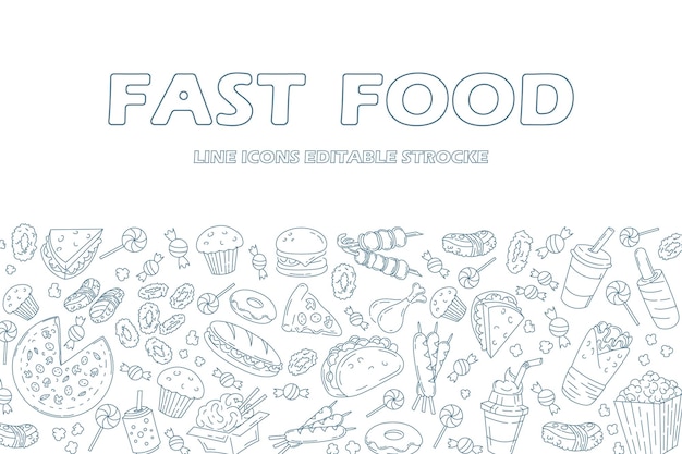 Set of fast food line icons doodles on white menu or food package design Vector illustration Editable strocke