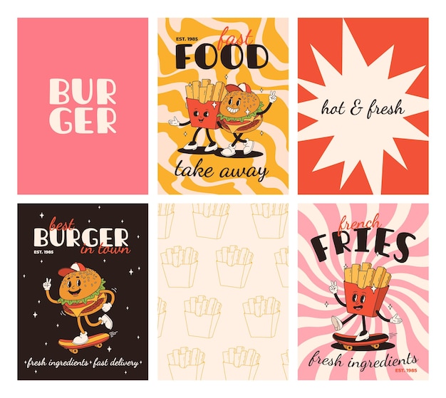 Set of fast food posters Retro groovy cards with street food characters Brochure with funky groovy burger french fries soda ice cream donut pie coffee to go sandwich Fast food delivery