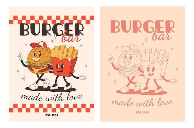 Set of fast food posters Retro groovy cards with street food characters Brochure