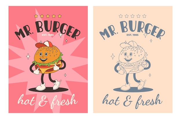 Vector set of fast food posters retro groovy cards with street food characters brochure