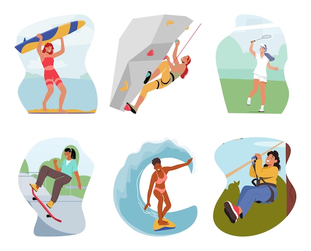 Set Of Female Characters Engage In Extreme Sport or Vacation Activities Young Women Riding Longboard And Surf Board Playing Tennis And Climbing Rocks Cartoon People Vector Illustration