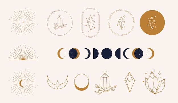 A set of female hand logos Crystal in a minimal linear style Mystical logo template of sun crystals