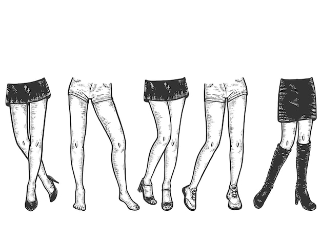 Set of female legs with different shoes and clothes Sketch scratch board imitation Black and white