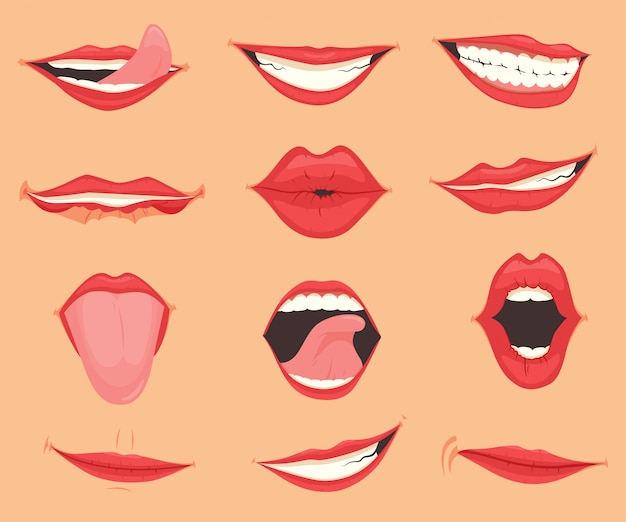 Vector set of female lips with various mouth emotions and expressions. vector illustration