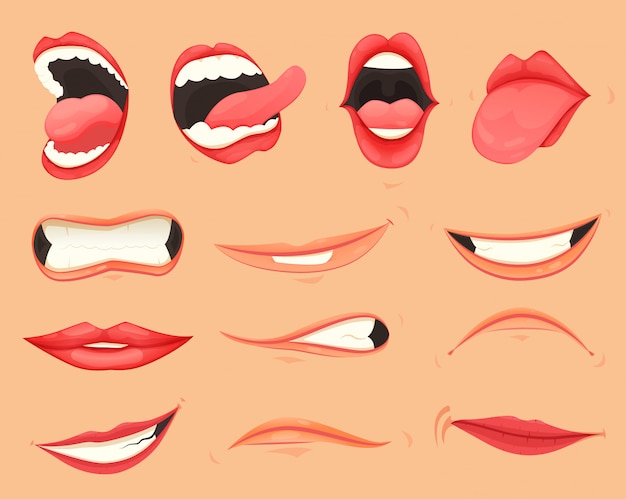 Set of female lips with various mouth emotions and expressions. 