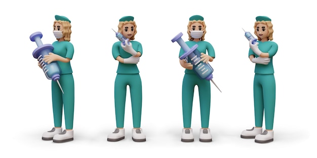 Vector set of female nurses with syringe in hand blonde in medical uniform and mask