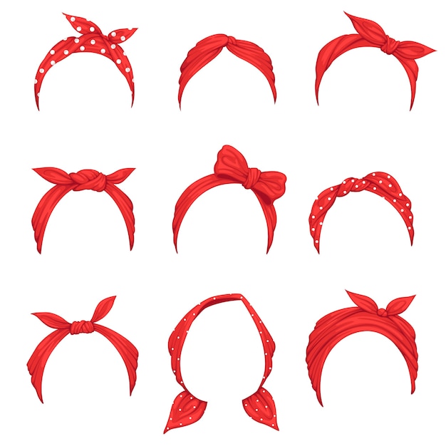 Set of female retro headbands. Headbands with different bow shapes.Isolated on a white background.