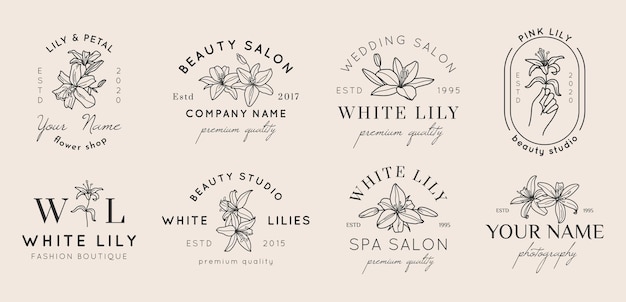 Set of Feminine logos with Lily flowers in simple minimal linear style. Vector floral emblem and icon for Beauty Salon, SPA, Wedding Boutiques, Photographers, fashion store, flower shop