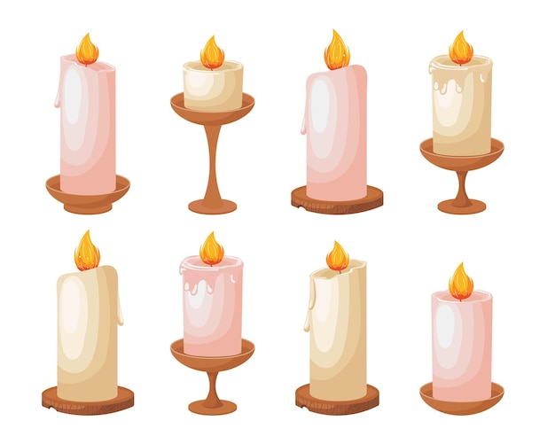 A set of festive burning candles on candlesticks wooden stands Set of light decorations