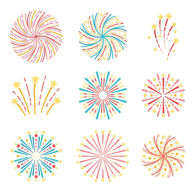 Set of festive colorful fireworks isolated