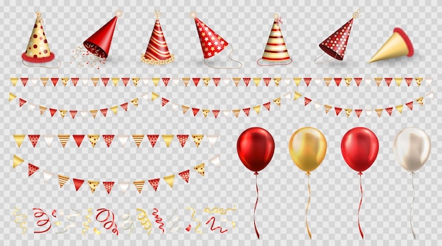 Set of festive decorations 3d balloons realistic party hats streamers and colorful buntings