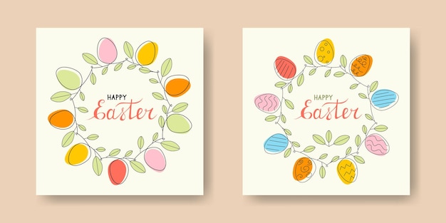 A set of festive frames with outline of Easter eggs and leaves Colorful card Happy Easter Hand lettering text