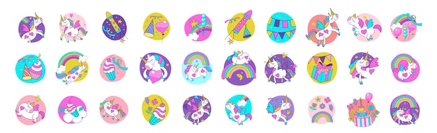 A set of festive stickers for a birthday, a baby shower or any holiday. The character is a cute cartoon unicorn.