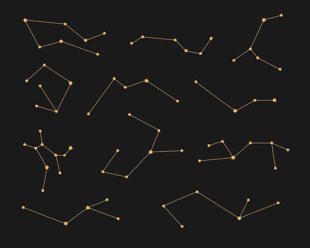 Vector set of fictional abstract gold outline constellations