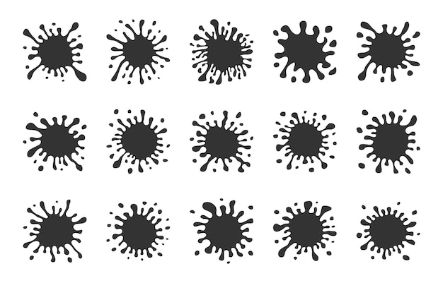 Set of Fifteen Dark Hand Drawn Paint Splashes with small splashes and shadows Vector illustration