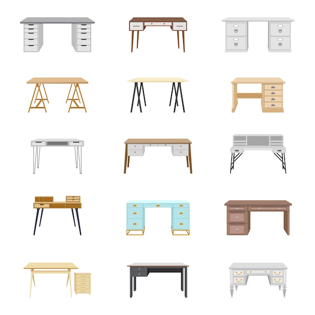 Set of fifteen office desks. Vector illustration