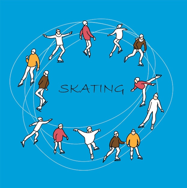 Set of figure skaters skating in a circle Vector illustration in the style of doodles