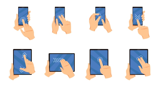 Set of finger touches to screen of mobile phone. Vector illustrations of hands with smartphone, cellphone or tablet. Cartoon pinch swipe press tap gestures isolated on white. Touchscreen concept