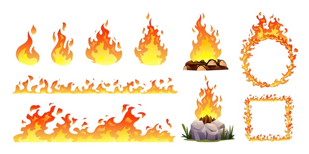 Set of fire flames, burning bonfire, campfire, fireball, heat wildfire cartoon vector illustration