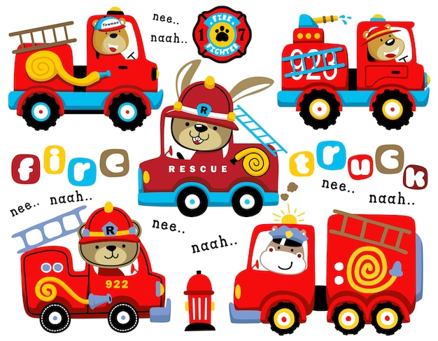 set of fire trucks cartoon with funny driver