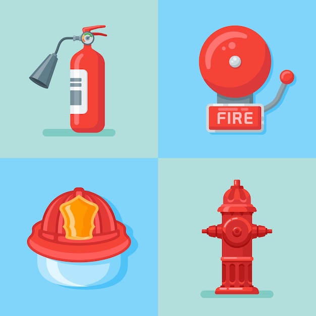 Set of firefighter or fire emergency in flat style