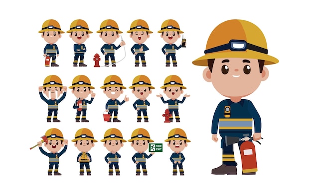 Set of fireman with different poses