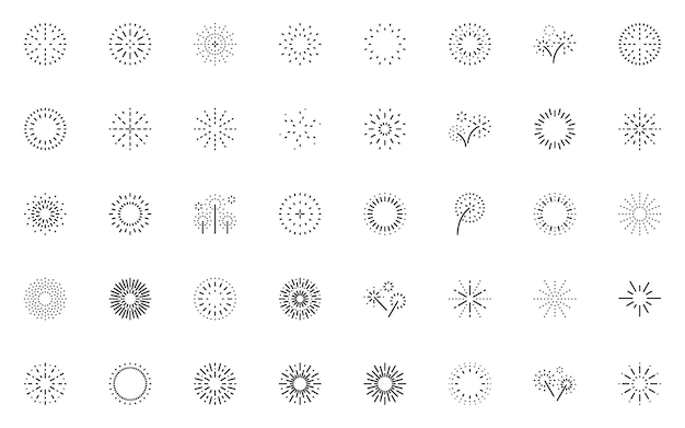 Set of firework line icons, celebration, new year, sunburst