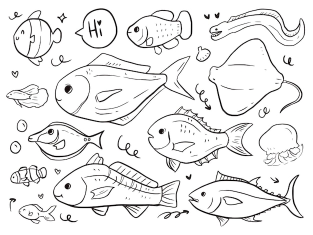 Set of fish doodle drawing cartoon for kids and print