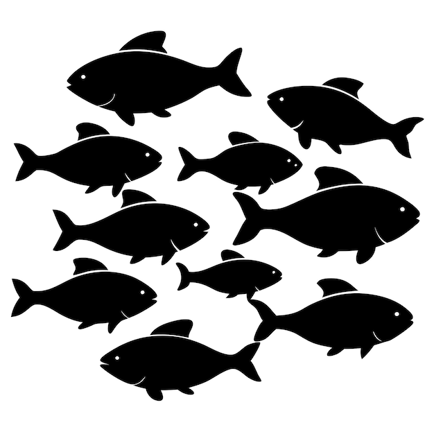 Vector set of fish silhouette drawing in white and black