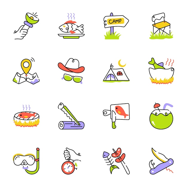 Set of Fishing and Camping Doodle Icons