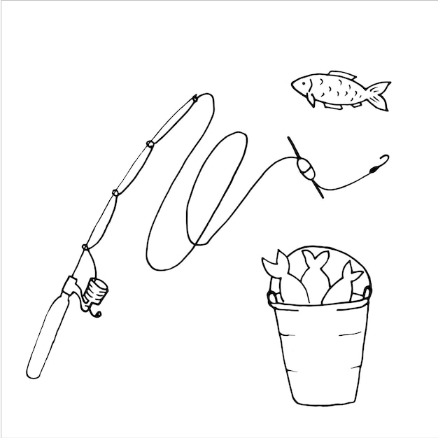 A set of fishing doodles a doodle rod a fish a fishing rod and a bucket of fish