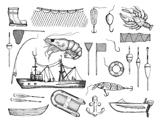 Set of fishing tackle and boat vector Hand drawing illustration