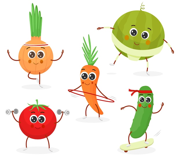 Set of fitness vegetables cartoon characters