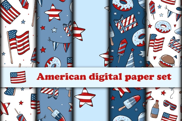 Set of five American seamless patterns with hand drawn doodles