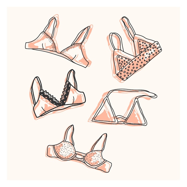 A set of five images of bras. Hand drawn cartoon outlines of tops, bras, bralettes. Cute swimwear