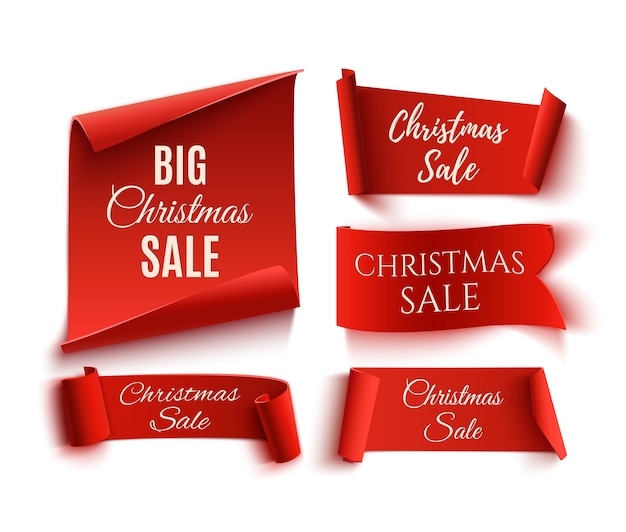 Set of five red Christmas paper banners