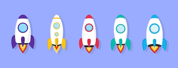 Set of five rocket or spaceship colorful icons isolated