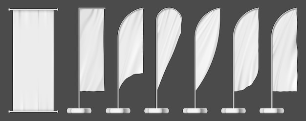 Vector set of flag banners, outdoor advertising templates. blank white mockup, outdoor pole signs set. advertising feather or teardrop flag banners and fabric billboards, commercial promotion displays