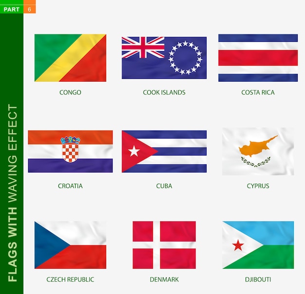 Set of flag with waving effect, national flag with texture. Vector flag of Congo, Cook Islands, Costa Rica, Croatia, Cuba, Cyprus, Czech Republic, Denmark, Djibouti